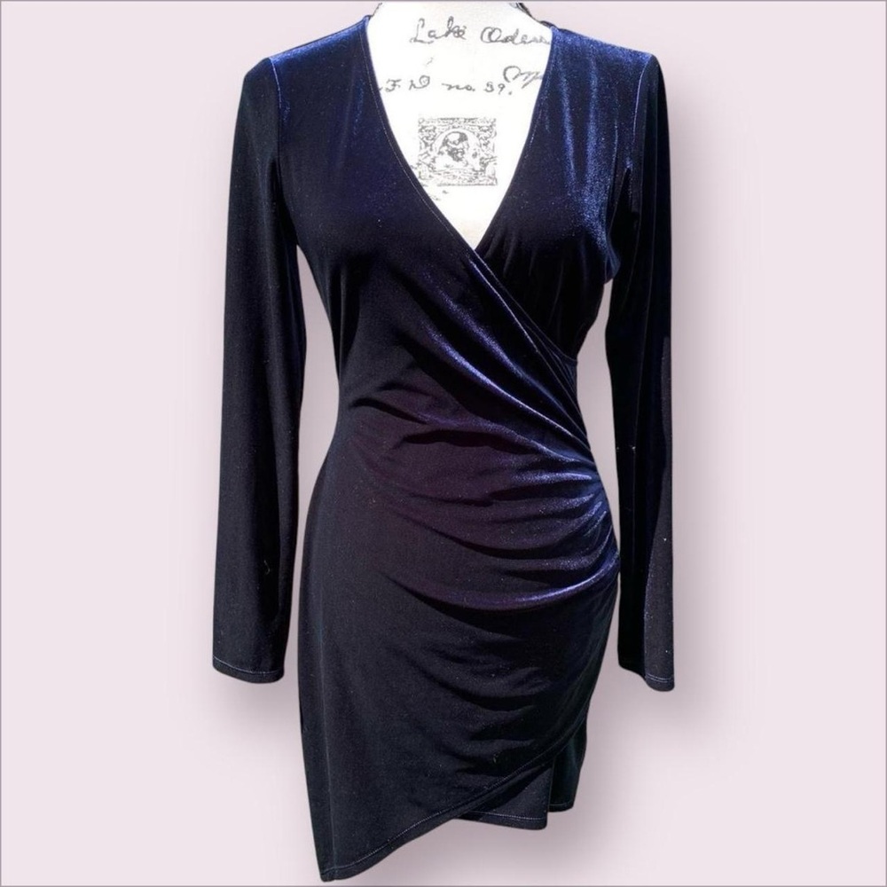 Gianni Bini Blue Velvet V Neck Long Sleeve Wrap Mini Dress